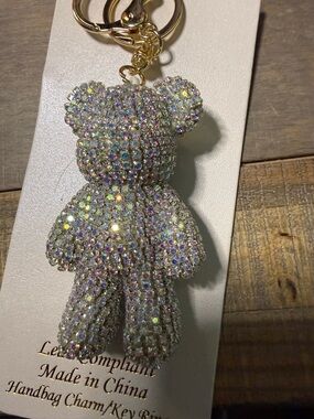 Crystal Teddy Bear Keychain Charm – White & Gold